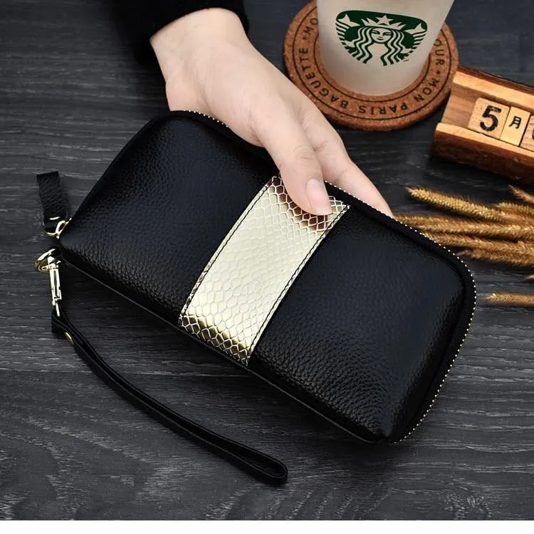 Damen echtes leder kupplung geldbörsen getäfelten Lange Frauen Brieftasche Zipper handgelenk tasche weibliche Geldbörse handy tasche bolsa