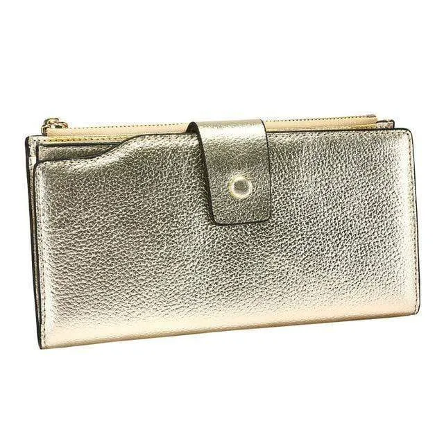 Damen Geldbörse aus echtem Leder mit RFID-Blockierung, Vintage-Stil, langer Glitzer, Kartenhalter, Reißverschluss, Geldbörse für iPhone und Galaxy