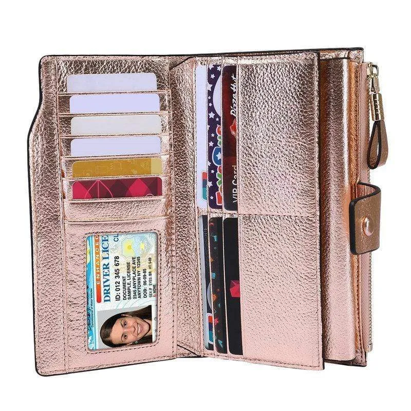 Damen Geldbörse aus echtem Leder mit RFID-Blockierung, Vintage-Stil, langer Glitzer, Kartenhalter, Reißverschluss, Geldbörse für iPhone und Galaxy
