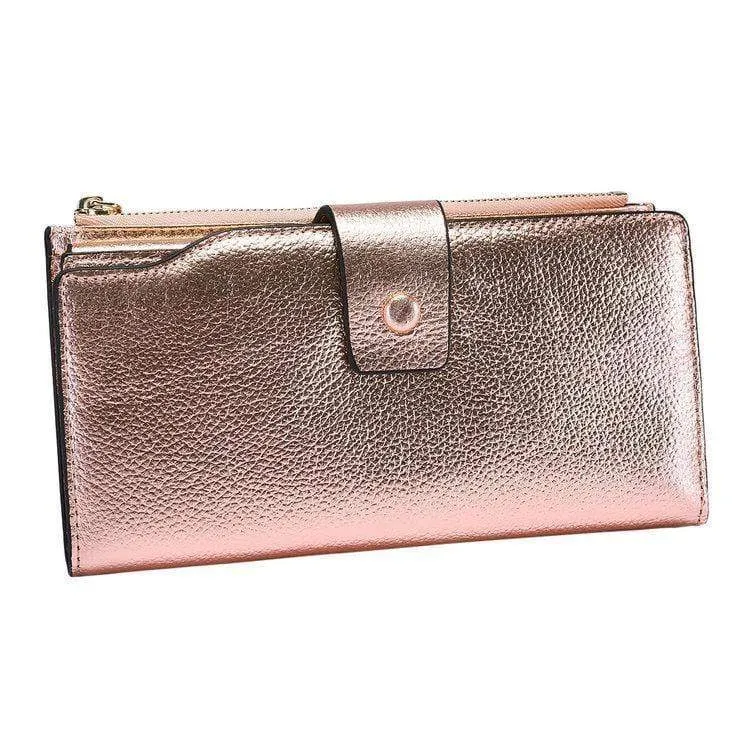 Damen Geldbörse aus echtem Leder mit RFID-Blockierung, Vintage-Stil, langer Glitzer, Kartenhalter, Reißverschluss, Geldbörse für iPhone und Galaxy