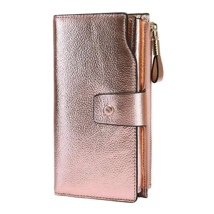 Damen Geldbörse aus echtem Leder mit RFID-Blockierung, Vintage-Stil, langer Glitzer, Kartenhalter, Reißverschluss, Geldbörse für iPhone und Galaxy