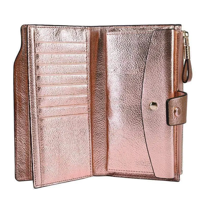 Damen Geldbörse aus echtem Leder mit RFID-Blockierung, Vintage-Stil, langer Glitzer, Kartenhalter, Reißverschluss, Geldbörse für iPhone und Galaxy