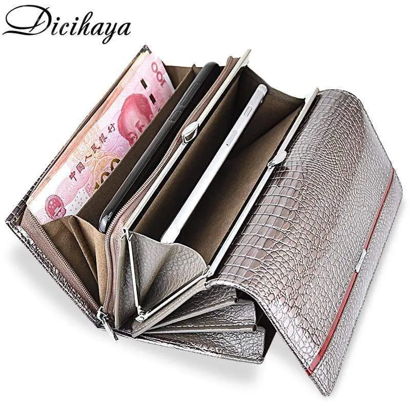 Leder Frauen Geldbörsen Krokodildruck Lange Haspe Reißverschluss Geldbörse Damen Clutch Bag Geldbörse Weiblichen Luxus