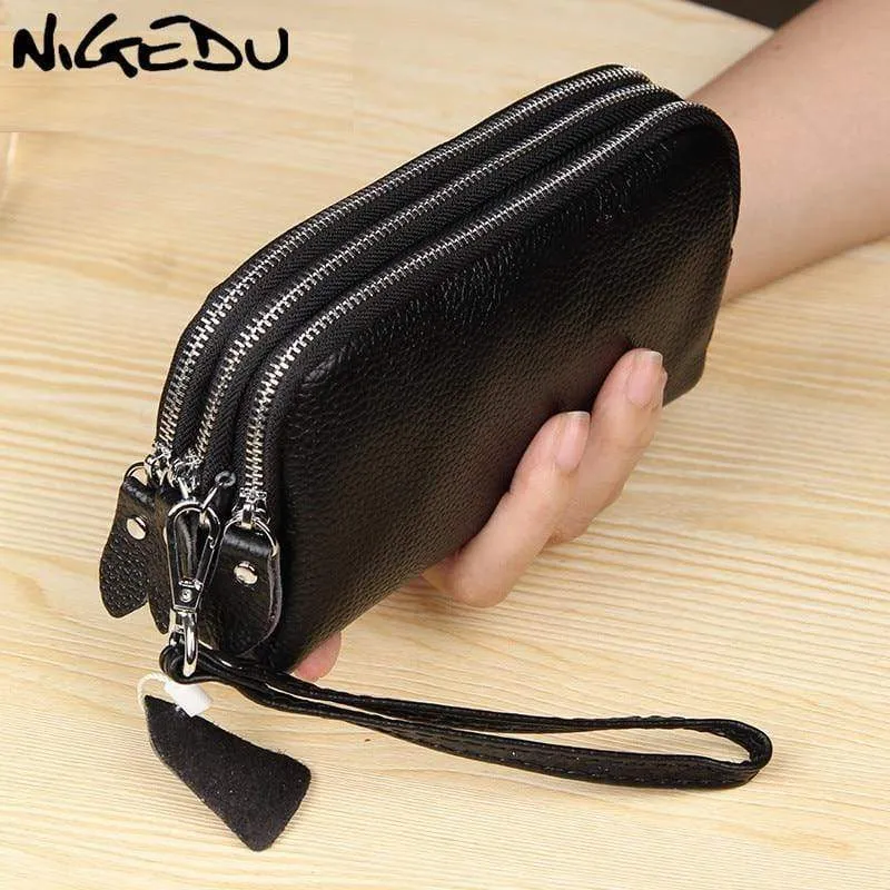 Frauenmappe echtes Leder 3 Schichten Reißverschluss Wristlet Tasche große Kapazität Dame Clutch Coin Purse Handytasche schwarz