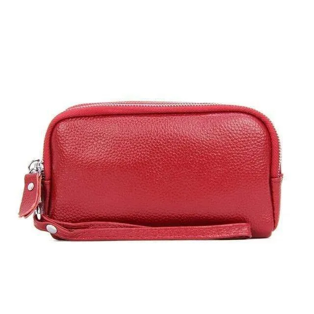 Frauenmappe echtes Leder 3 Schichten Reißverschluss Wristlet Tasche große Kapazität Dame Clutch Coin Purse Handytasche schwarz