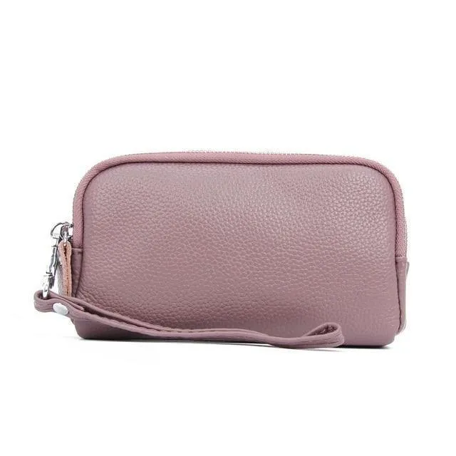 Frauenmappe echtes Leder 3 Schichten Reißverschluss Wristlet Tasche große Kapazität Dame Clutch Coin Purse Handytasche schwarz