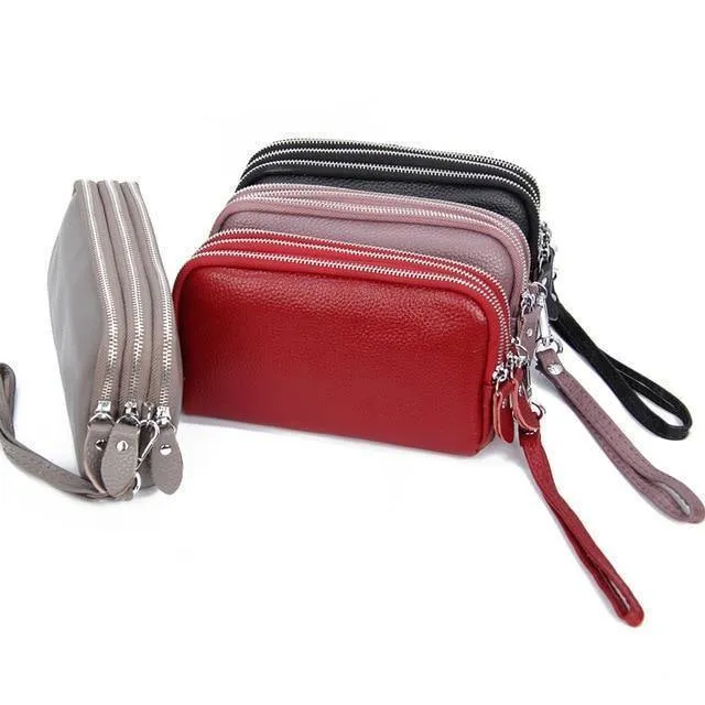 Frauenmappe echtes Leder 3 Schichten Reißverschluss Wristlet Tasche große Kapazität Dame Clutch Coin Purse Handytasche schwarz