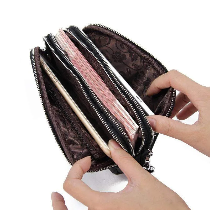 Frauenmappe echtes Leder 3 Schichten Reißverschluss Wristlet Tasche große Kapazität Dame Clutch Coin Purse Handytasche schwarz