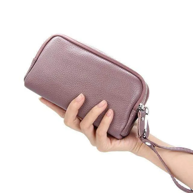 Frauenmappe echtes Leder 3 Schichten Reißverschluss Wristlet Tasche große Kapazität Dame Clutch Coin Purse Handytasche schwarz