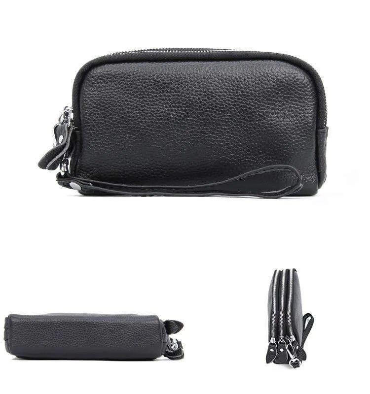 Frauenmappe echtes Leder 3 Schichten Reißverschluss Wristlet Tasche große Kapazität Dame Clutch Coin Purse Handytasche schwarz