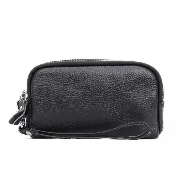 Frauenmappe echtes Leder 3 Schichten Reißverschluss Wristlet Tasche große Kapazität Dame Clutch Coin Purse Handytasche schwarz