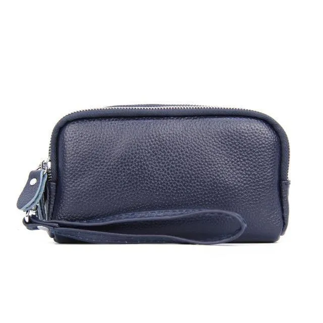 Frauenmappe echtes Leder 3 Schichten Reißverschluss Wristlet Tasche große Kapazität Dame Clutch Coin Purse Handytasche schwarz