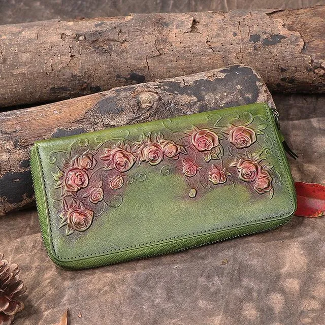 Damenbrieftasche Retro Blumen weibliche lange Reißverschluss Geldbörsen echtes echtes Leder Handtasche Kartenhalter Münzen Geldbörsen Handytasche
