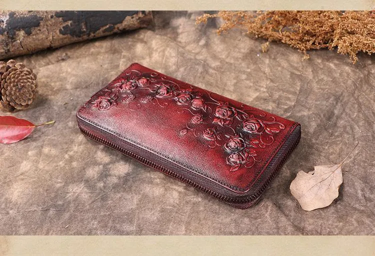 Damenbrieftasche Retro Blumen weibliche lange Reißverschluss Geldbörsen echtes echtes Leder Handtasche Kartenhalter Münzen Geldbörsen Handytasche
