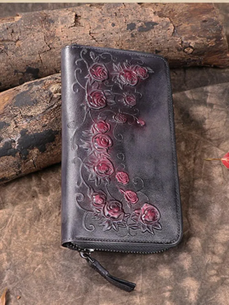 Damenbrieftasche Retro Blumen weibliche lange Reißverschluss Geldbörsen echtes echtes Leder Handtasche Kartenhalter Münzen Geldbörsen Handytasche