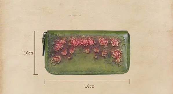 Damenbrieftasche Retro Blumen weibliche lange Reißverschluss Geldbörsen echtes echtes Leder Handtasche Kartenhalter Münzen Geldbörsen Handytasche