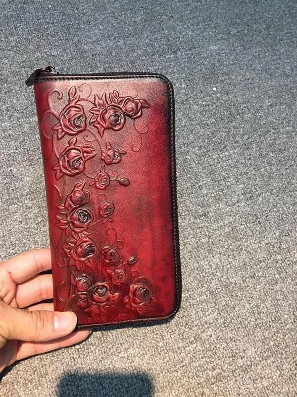 Damenbrieftasche Retro Blumen weibliche lange Reißverschluss Geldbörsen echtes echtes Leder Handtasche Kartenhalter Münzen Geldbörsen Handytasche