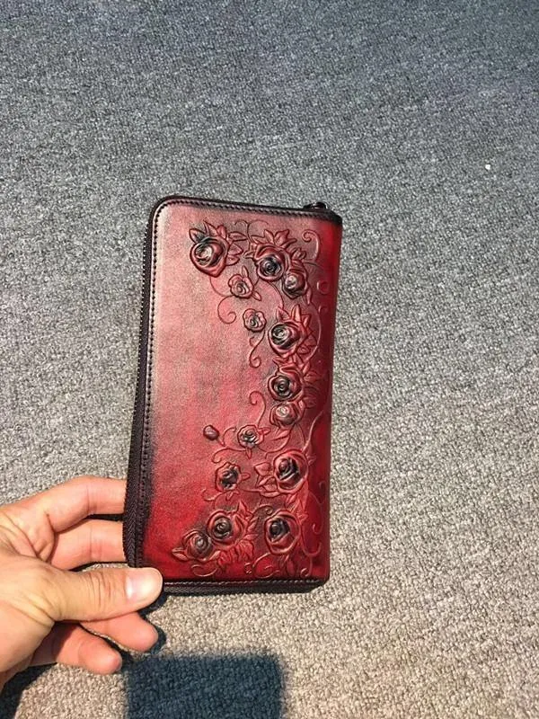 Damenbrieftasche Retro Blumen weibliche lange Reißverschluss Geldbörsen echtes echtes Leder Handtasche Kartenhalter Münzen Geldbörsen Handytasche