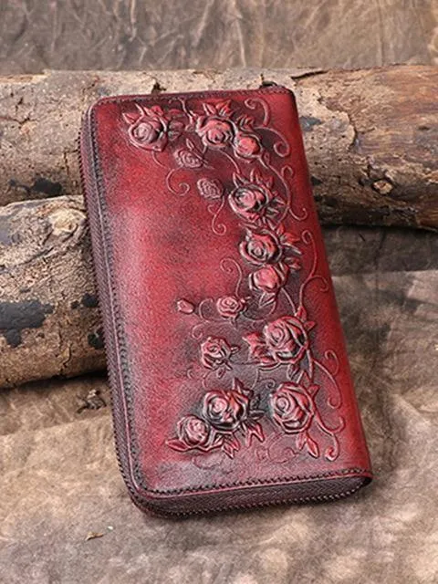 Damenbrieftasche Retro Blumen weibliche lange Reißverschluss Geldbörsen echtes echtes Leder Handtasche Kartenhalter Münzen Geldbörsen Handytasche