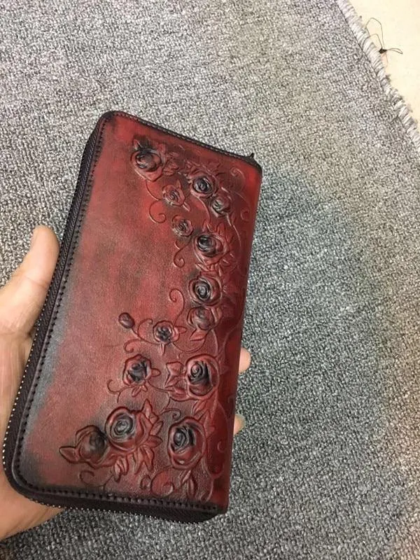 Damenbrieftasche Retro Blumen weibliche lange Reißverschluss Geldbörsen echtes echtes Leder Handtasche Kartenhalter Münzen Geldbörsen Handytasche