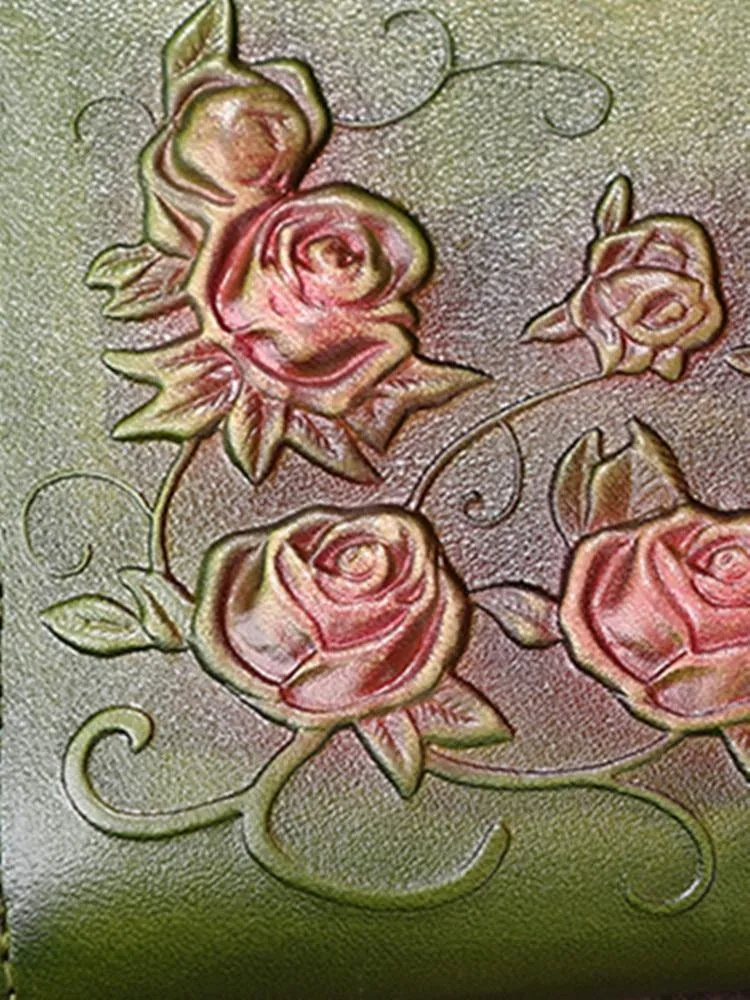 Damenbrieftasche Retro Blumen weibliche lange Reißverschluss Geldbörsen echtes echtes Leder Handtasche Kartenhalter Münzen Geldbörsen Handytasche