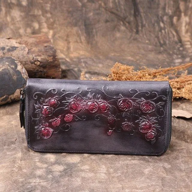 Damenbrieftasche Retro Blumen weibliche lange Reißverschluss Geldbörsen echtes echtes Leder Handtasche Kartenhalter Münzen Geldbörsen Handytasche