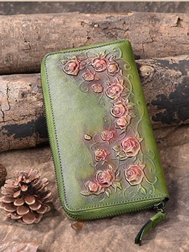 Damenbrieftasche Retro Blumen weibliche lange Reißverschluss Geldbörsen echtes echtes Leder Handtasche Kartenhalter Münzen Geldbörsen Handytasche