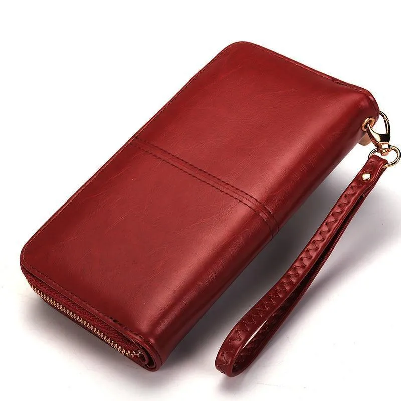 Weibliche Geldbörse Frauen Leder Brieftasche Lange Trifold Geldbörse Kartenhalter Geld Clutch Armband Multifunktions-reißverschluss
