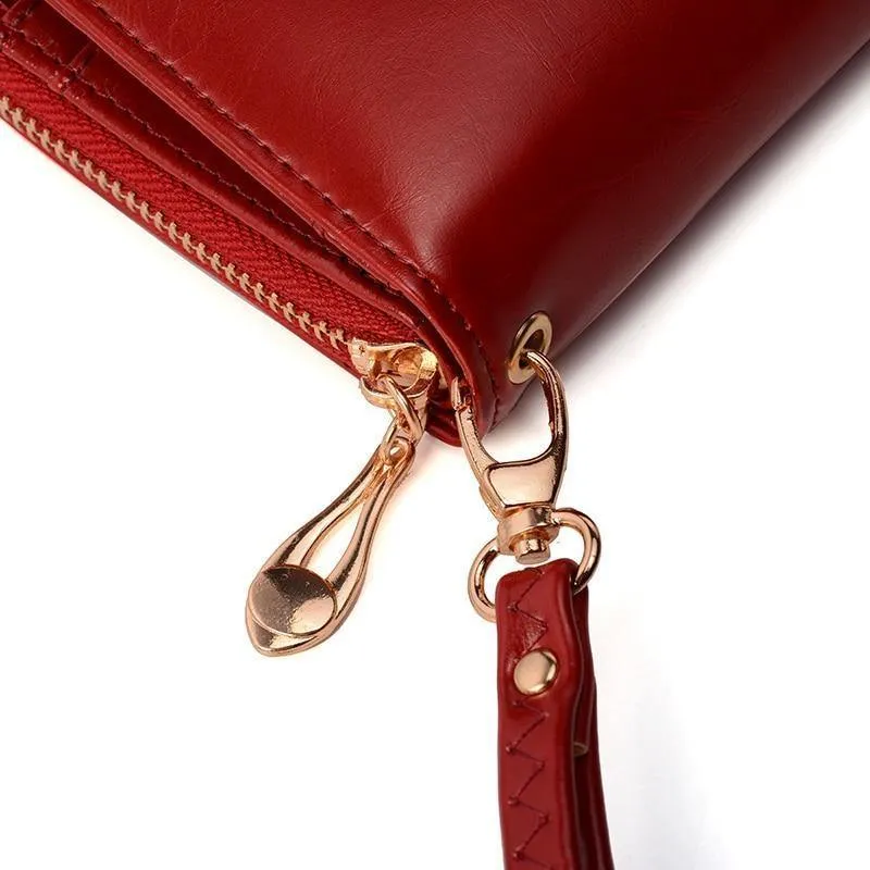 Weibliche Geldbörse Frauen Leder Brieftasche Lange Trifold Geldbörse Kartenhalter Geld Clutch Armband Multifunktions-reißverschluss