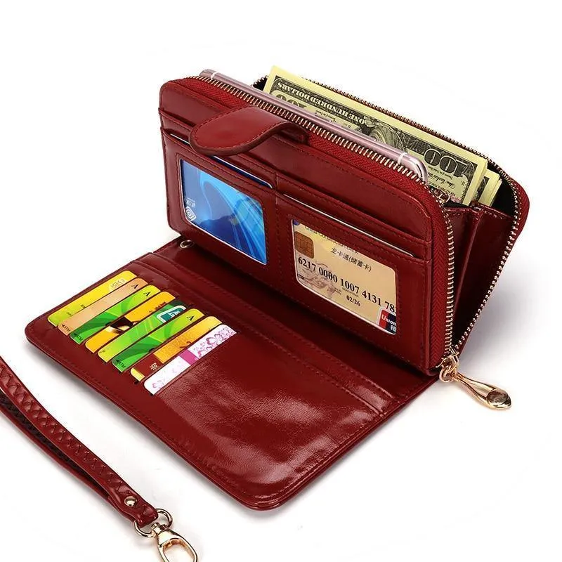 Weibliche Geldbörse Frauen Leder Brieftasche Lange Trifold Geldbörse Kartenhalter Geld Clutch Armband Multifunktions-reißverschluss