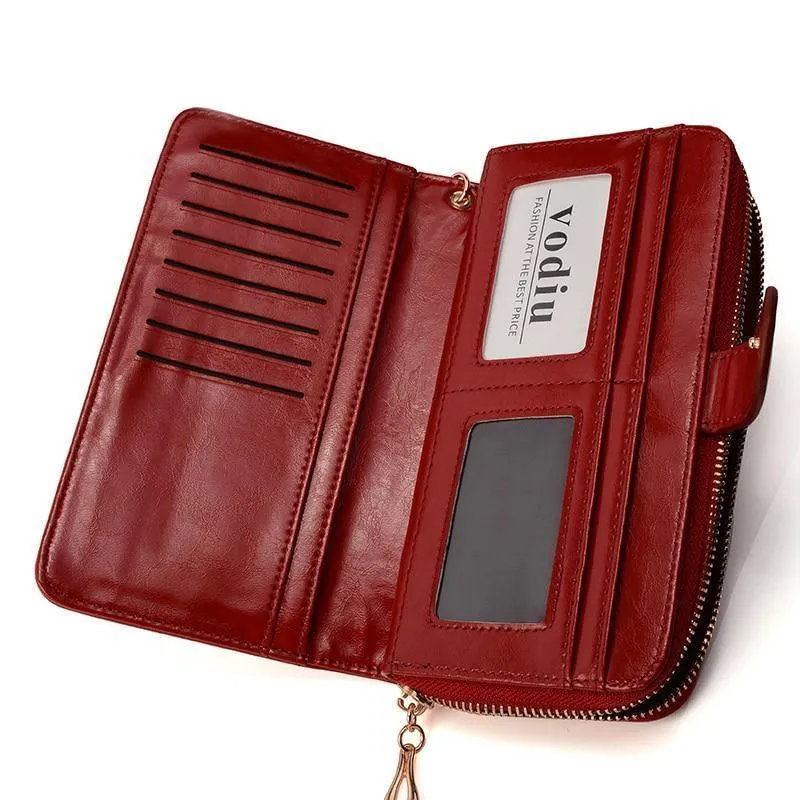 Weibliche Geldbörse Frauen Leder Brieftasche Lange Trifold Geldbörse Kartenhalter Geld Clutch Armband Multifunktions-reißverschluss