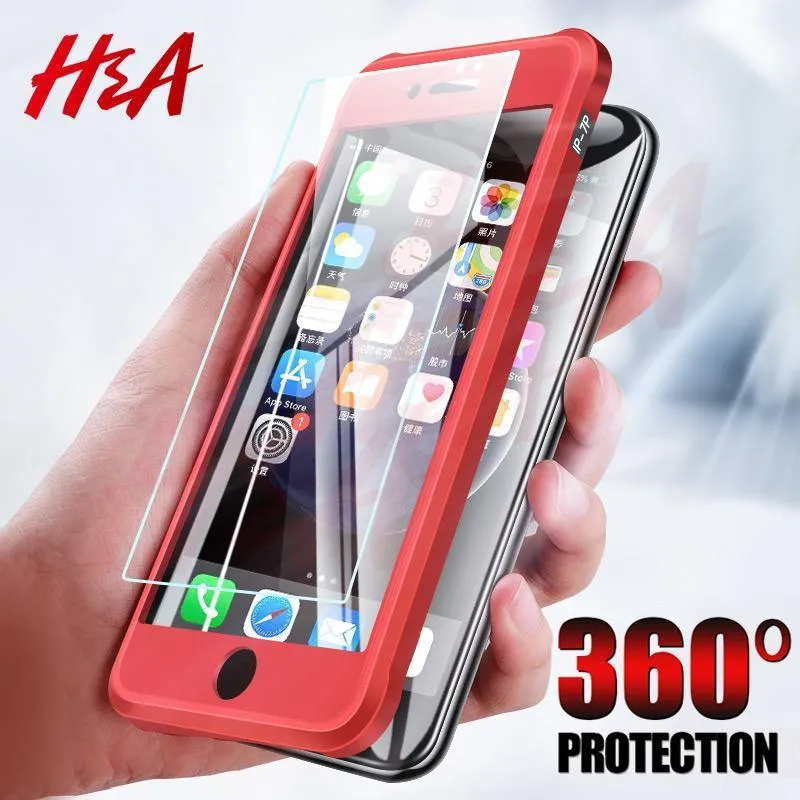 H&A Luxus 360-Grad-Vollschutz-Telefonhülle für iPhone 7 8 Plus 6 6s Plus X 10 Silikonhülle aus gehärtetem Glas für iPhone X PC-Hüllen