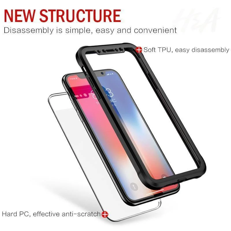 H&A Luxus 360-Grad-Vollschutz-Telefonhülle für iPhone 7 8 Plus 6 6s Plus X 10 Silikonhülle aus gehärtetem Glas für iPhone X PC-Hüllen