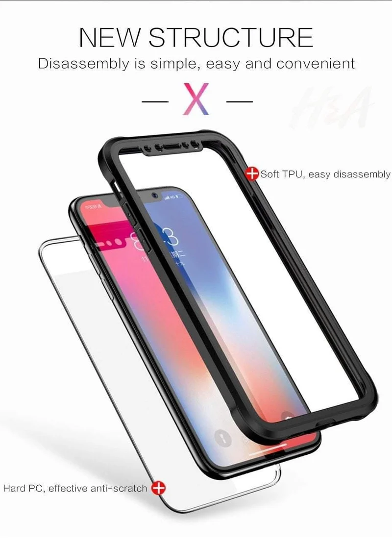 H&A Luxus 360-Grad-Vollschutz-Telefonhülle für iPhone 7 8 Plus 6 6s Plus X 10 Silikonhülle aus gehärtetem Glas für iPhone X PC-Hüllen