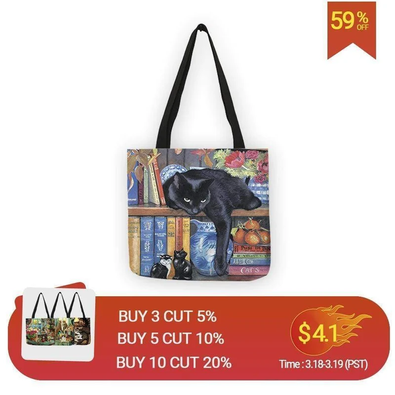 Ölgemälde Katzendruck Damen Tragetaschen Leinen Wiederverwendbare Einkaufstasche Schultertaschen für Damen 2018 Sac A Main Damenhandtaschen