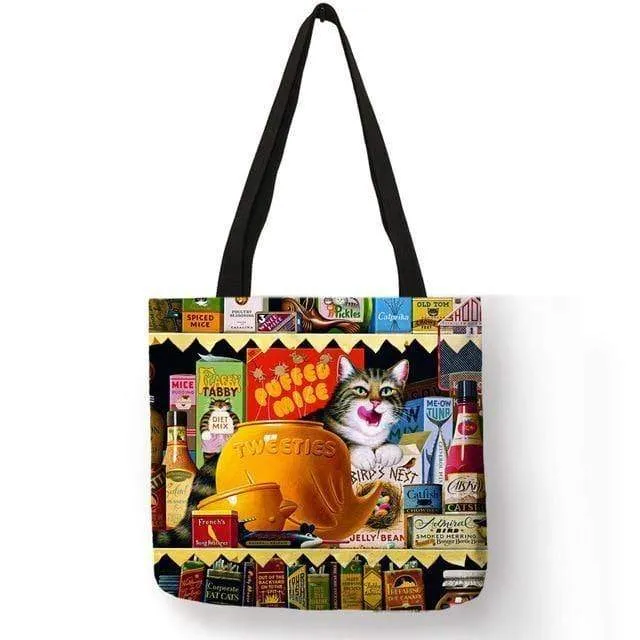 Ölgemälde Katzendruck Damen Tragetaschen Leinen Wiederverwendbare Einkaufstasche Schultertaschen für Damen 2018 Sac A Main Damenhandtaschen