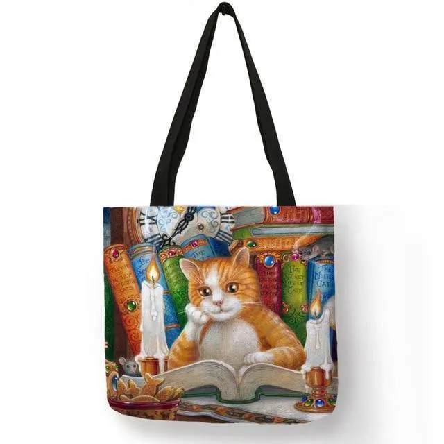 Ölgemälde Katzendruck Damen Tragetaschen Leinen Wiederverwendbare Einkaufstasche Schultertaschen für Damen 2018 Sac A Main Damenhandtaschen