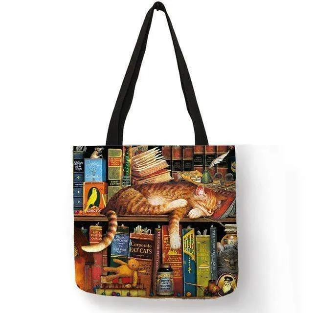 Ölgemälde Katzendruck Damen Tragetaschen Leinen Wiederverwendbare Einkaufstasche Schultertaschen für Damen 2018 Sac A Main Damenhandtaschen