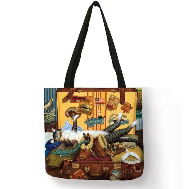 Ölgemälde Katzendruck Damen Tragetaschen Leinen Wiederverwendbare Einkaufstasche Schultertaschen für Damen 2018 Sac A Main Damenhandtaschen