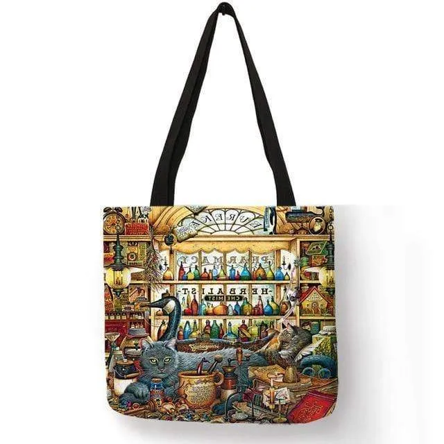 Ölgemälde Katzendruck Damen Tragetaschen Leinen Wiederverwendbare Einkaufstasche Schultertaschen für Damen 2018 Sac A Main Damenhandtaschen