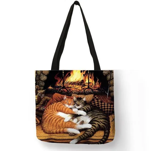 Ölgemälde Katzendruck Damen Tragetaschen Leinen Wiederverwendbare Einkaufstasche Schultertaschen für Damen 2018 Sac A Main Damenhandtaschen