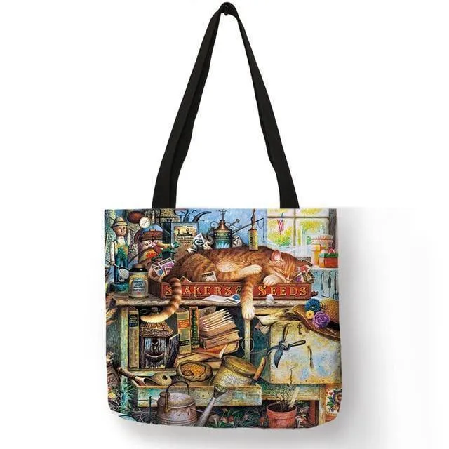 Ölgemälde Katzendruck Damen Tragetaschen Leinen Wiederverwendbare Einkaufstasche Schultertaschen für Damen 2018 Sac A Main Damenhandtaschen