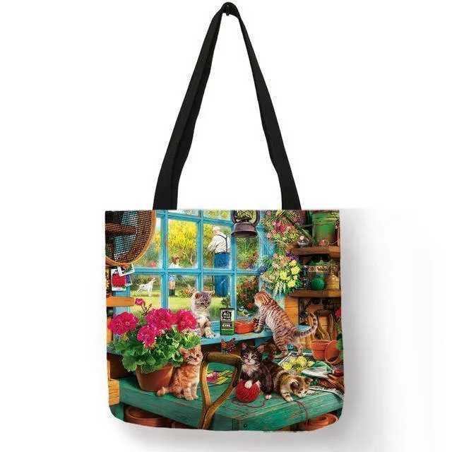 Ölgemälde Katzendruck Damen Tragetaschen Leinen Wiederverwendbare Einkaufstasche Schultertaschen für Damen 2018 Sac A Main Damenhandtaschen