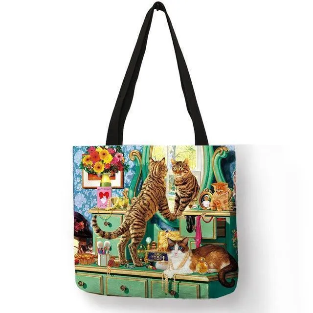 Ölgemälde Katzendruck Damen Tragetaschen Leinen Wiederverwendbare Einkaufstasche Schultertaschen für Damen 2018 Sac A Main Damenhandtaschen