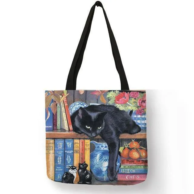 Ölgemälde Katzendruck Damen Tragetaschen Leinen Wiederverwendbare Einkaufstasche Schultertaschen für Damen 2018 Sac A Main Damenhandtaschen
