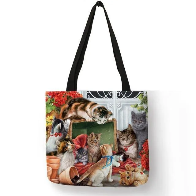 Ölgemälde Katzendruck Damen Tragetaschen Leinen Wiederverwendbare Einkaufstasche Schultertaschen für Damen 2018 Sac A Main Damenhandtaschen