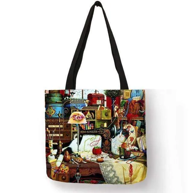 Ölgemälde Katzendruck Damen Tragetaschen Leinen Wiederverwendbare Einkaufstasche Schultertaschen für Damen 2018 Sac A Main Damenhandtaschen