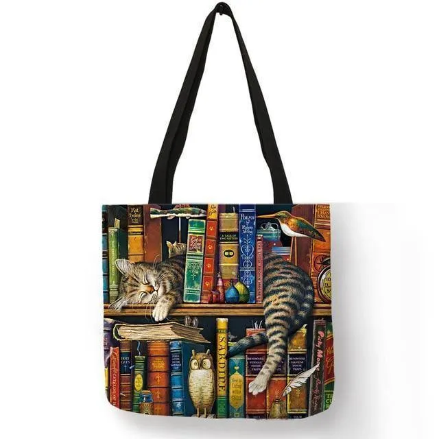 Ölgemälde Katzendruck Damen Tragetaschen Leinen Wiederverwendbare Einkaufstasche Schultertaschen für Damen 2018 Sac A Main Damenhandtaschen