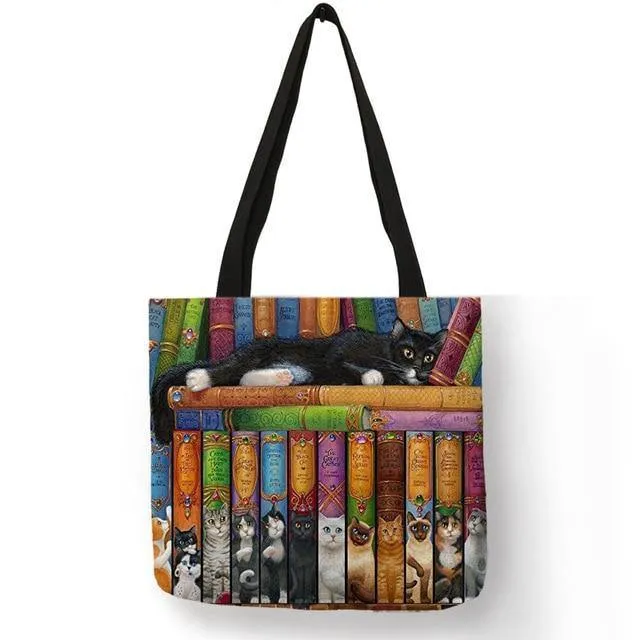 Ölgemälde Katzendruck Damen Tragetaschen Leinen Wiederverwendbare Einkaufstasche Schultertaschen für Damen 2018 Sac A Main Damenhandtaschen