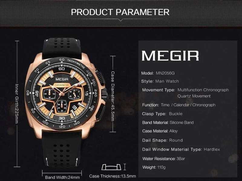 Herren-Chronograph, Sportuhr mit Quarzwerk, Gummiband, leuchtende Armbanduhr für Männer und Jungen 2056G-1N0
